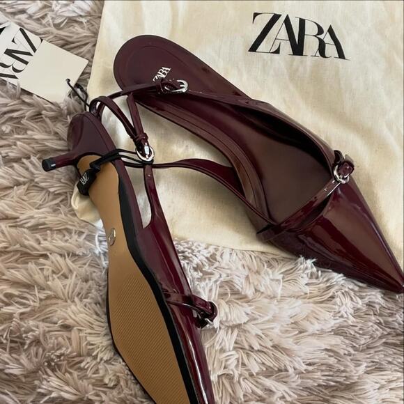 ZARA Cherry Red Patent Slingback Heels w/ Buckle Detail NWT (Sz 7.5) - Picture 10 of 16
